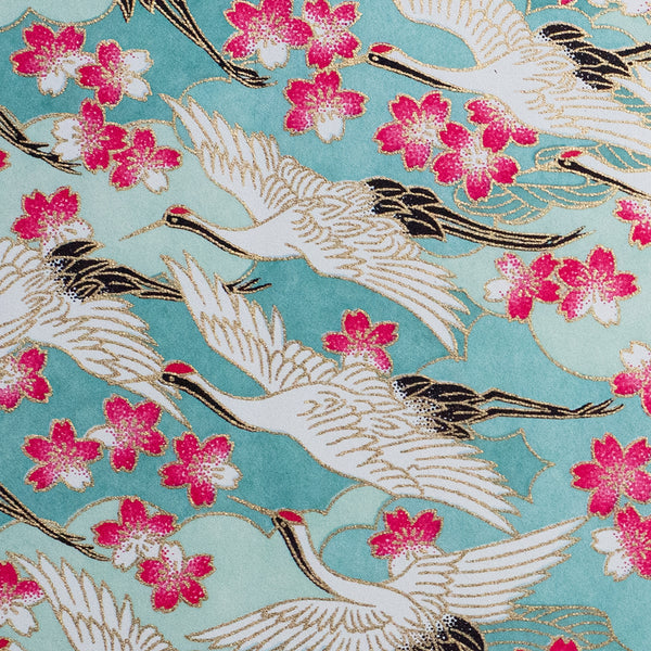 Japanese Paper | Chiyogami | Cranes on Blue With Pink Ume | Ch188