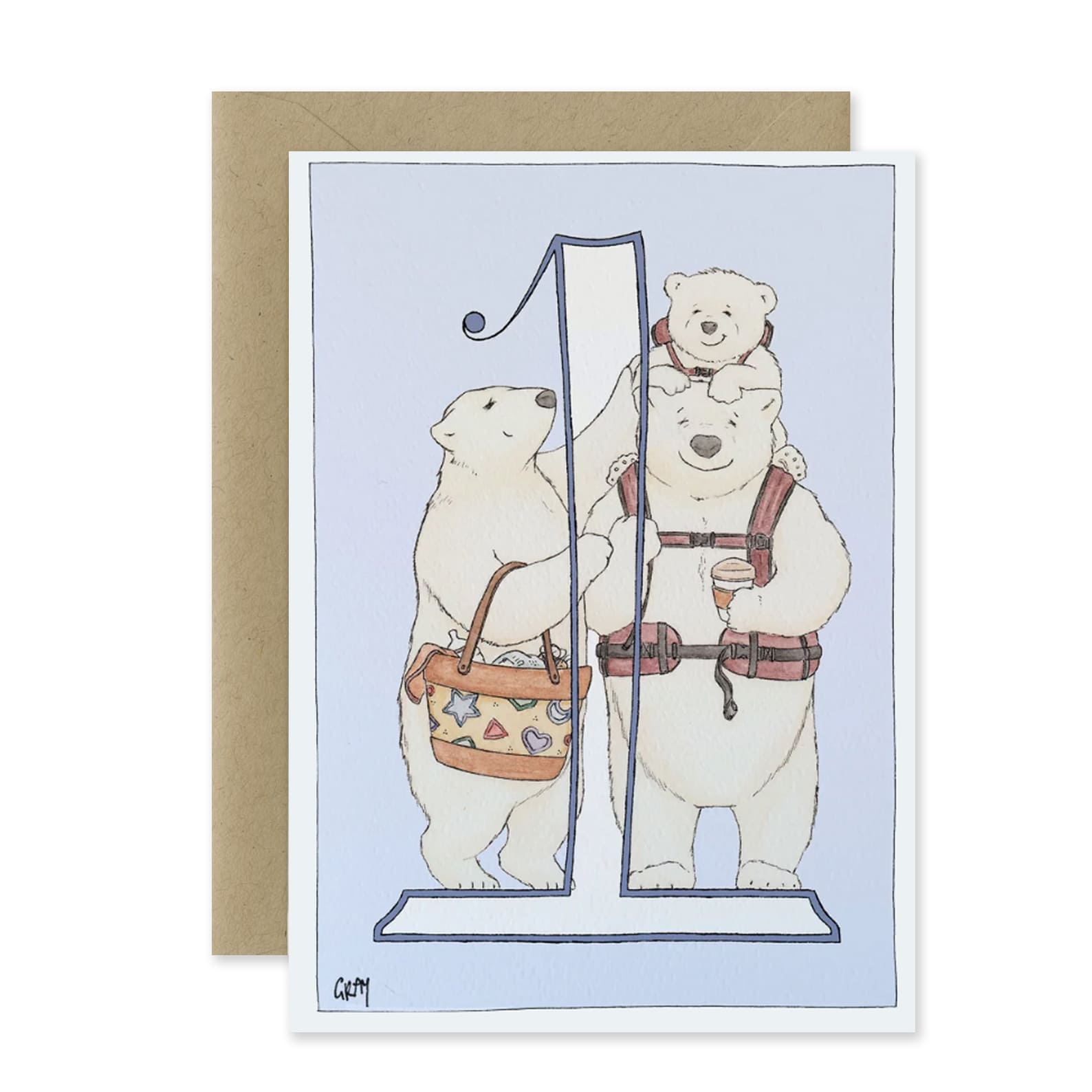 Greeting card with illustration of a polar bear family at a ski resort, featuring a father bear, mother bear, and baby bear.