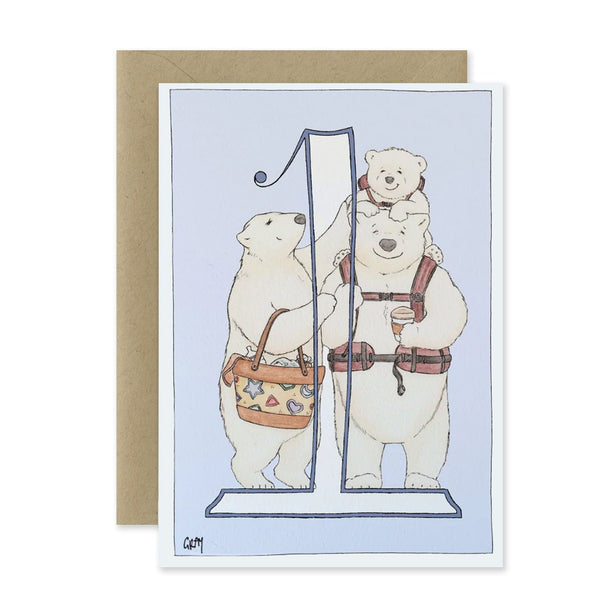 Greeting card with illustration of a polar bear family at a ski resort, featuring a father bear, mother bear, and baby bear.