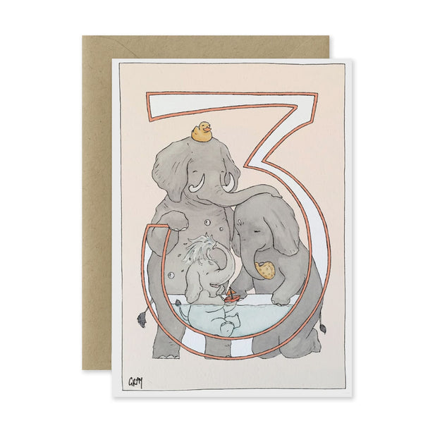 Greeting card with illustration of three elephants and a chick inside a large number '3'.