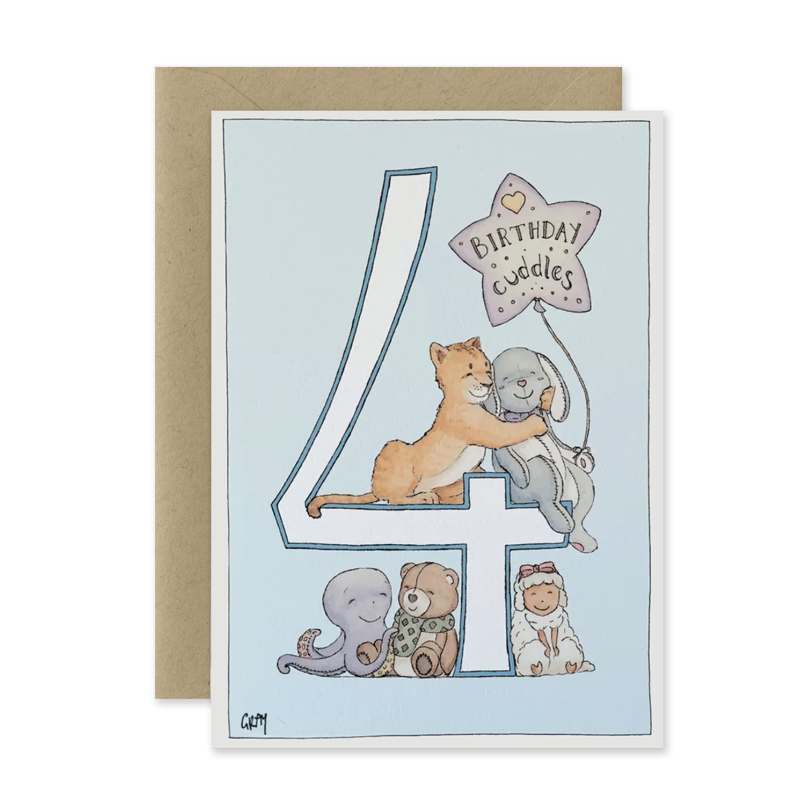 Children's birthday card with animals and number 4 on a light blue background
