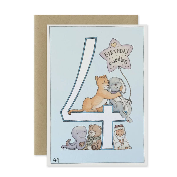 Children's birthday card with animals and number 4 on a light blue background