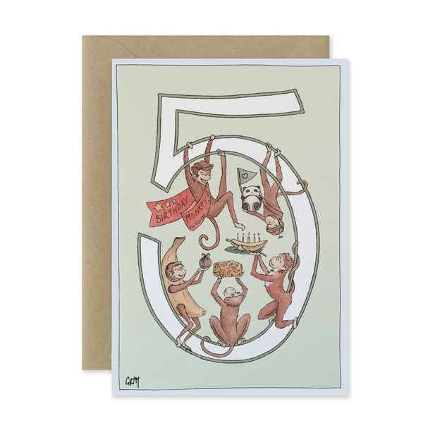 Fifth birthday card with monkeys and celebratory items on a light green background