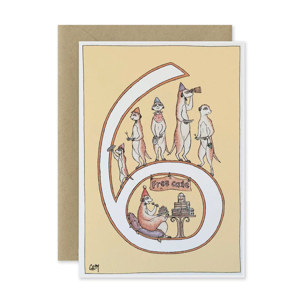 Greeting card with meerkat illustration and 'Free cake' text on a beige background