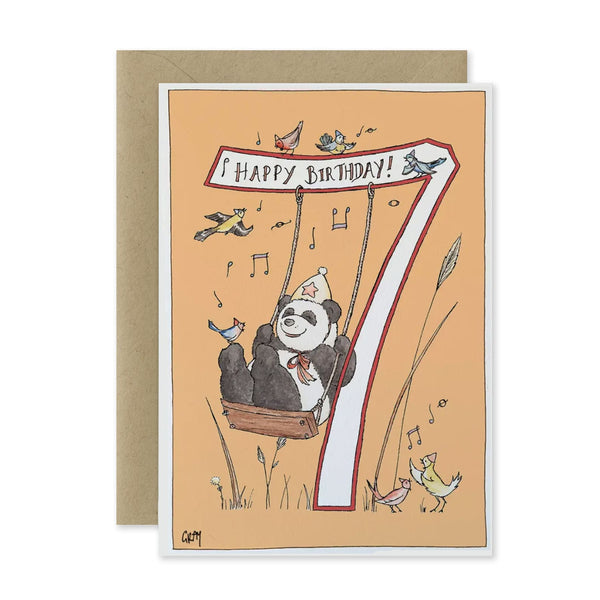 Birthday card with a panda on a swing and the number 7, featuring birds and musical notes.