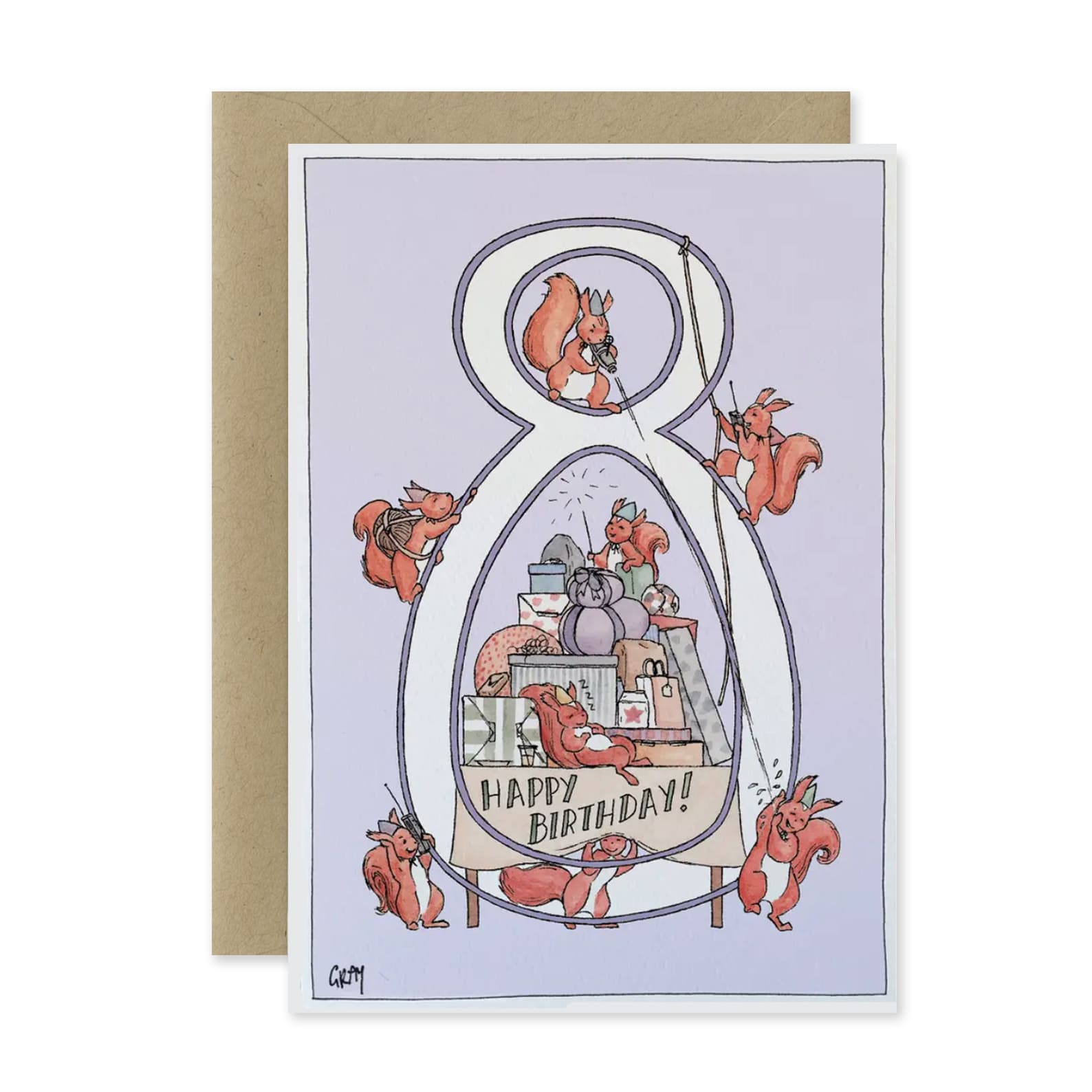 Birthday card with cartoon squirrels around the number 8 on a light purple background