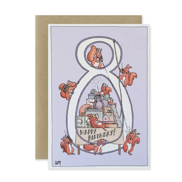 Birthday card with cartoon squirrels around the number 8 on a light purple background