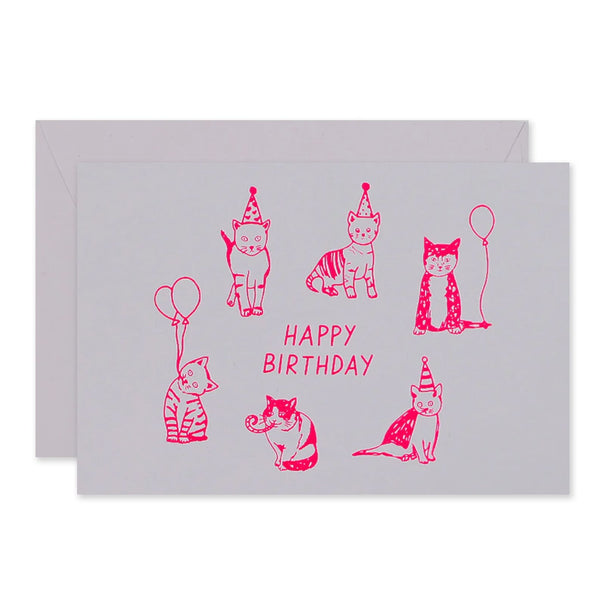 Birthday Card | Party Cats | Neon Pink on White | Me & Amber