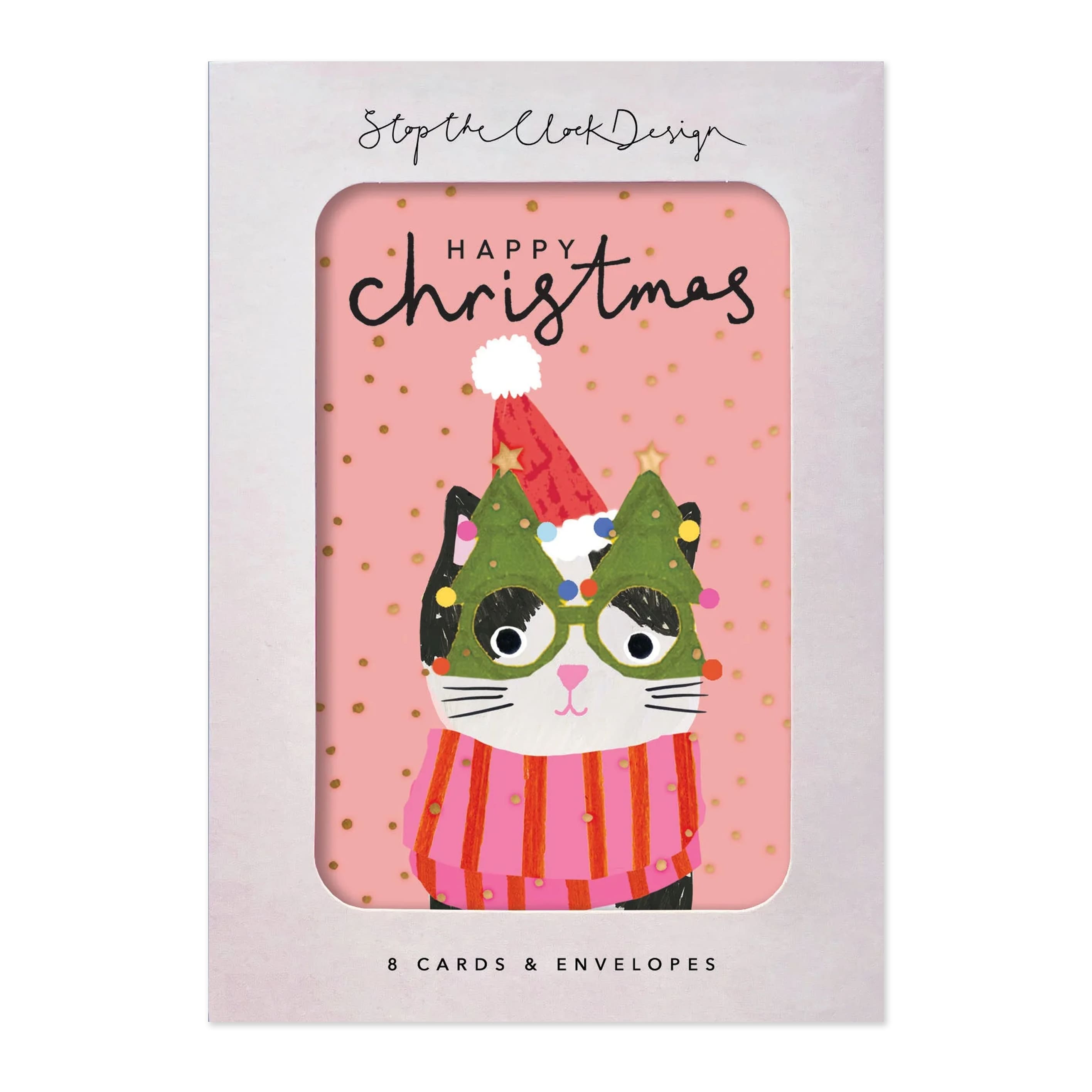 Christmas Card | Pack of 8 | Happy Christmas Cat | Stop The Clock