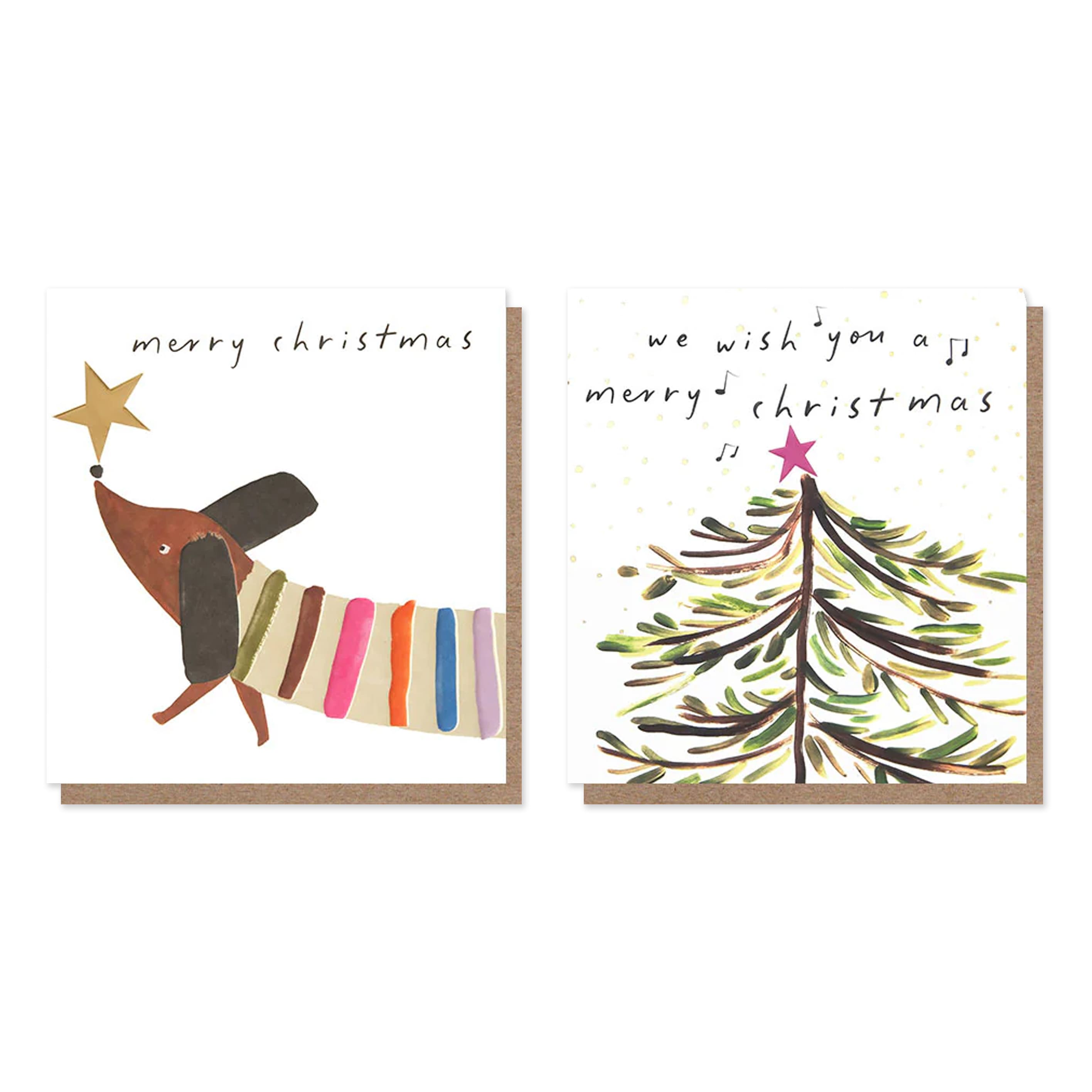 Christmas Card | Pack of 8 | Music Above Tree & Stripy Sausage Dog | Caroline Gardner