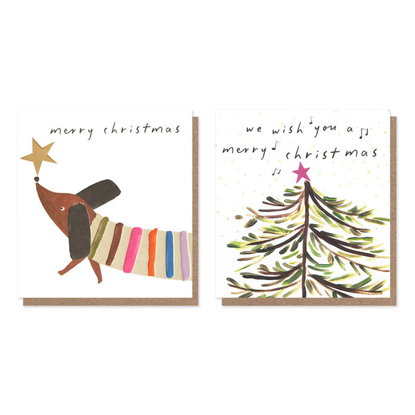 Christmas Card | Pack of 8 | Music Above Tree & Stripy Sausage Dog | Caroline Gardner