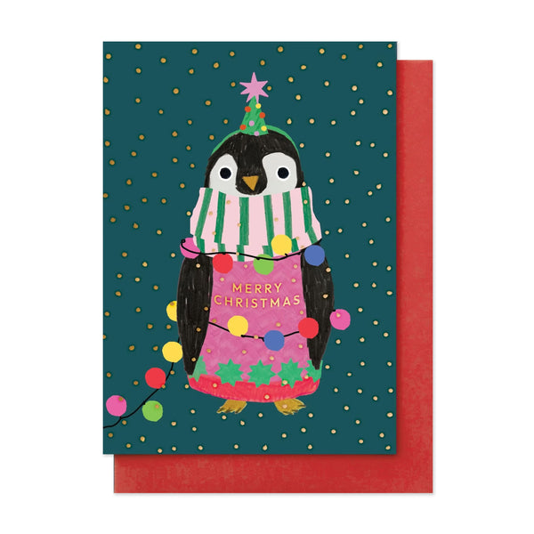 Christmas Card | Pack of 8 | Penguin In Lights | Stop The Clock