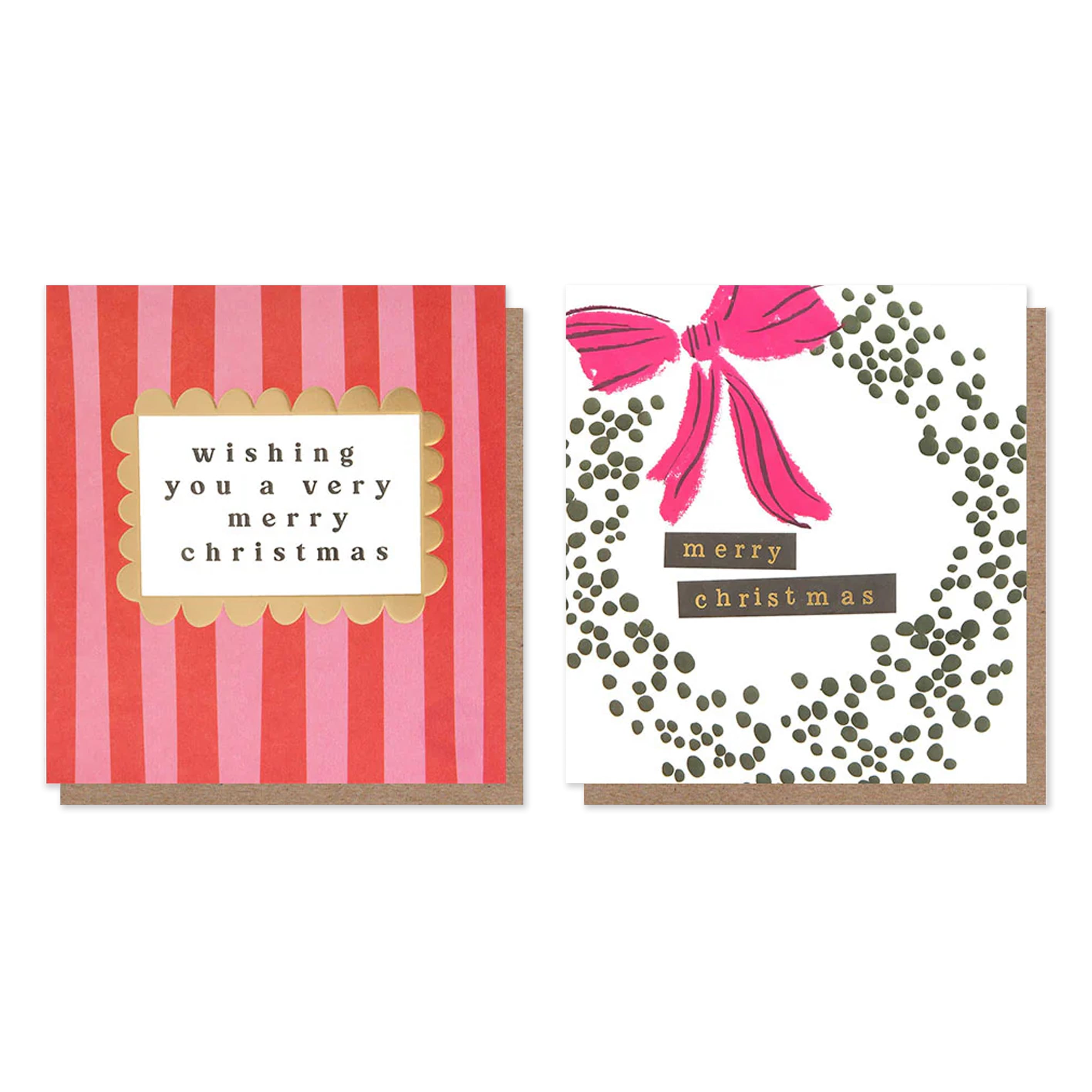 Christmas Card | Pack of 8 | Red Pink Stripe & Dotty Wreath | Caroline Gardner