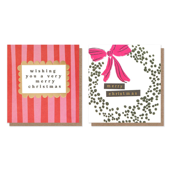 Christmas Card | Pack of 8 | Red Pink Stripe & Dotty Wreath | Caroline Gardner