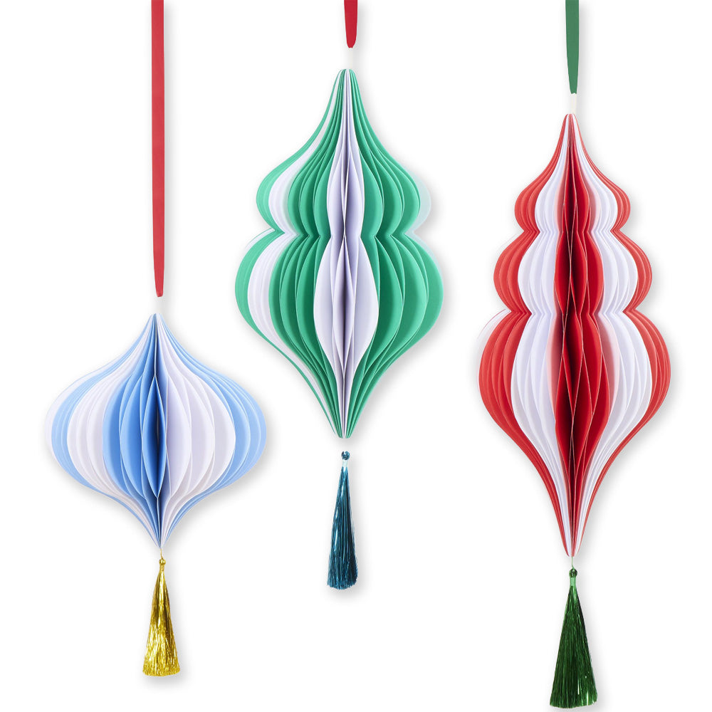 Christmas Decoration | Paper Honeycomb Decorations | Large Striped | Set of 3 | Meri Meri