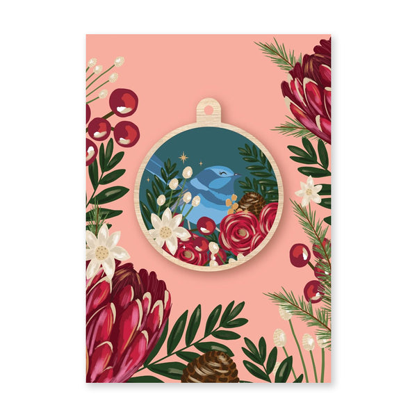 Christmas Decoration | Australian Wood Bauble | Blue Wren & Protea | Aero Images