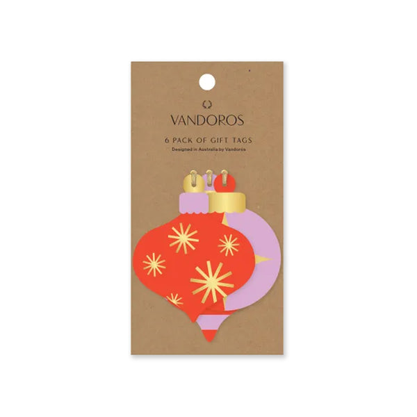 Christmas Gift Tag | Set of 6 | Baubles | Lilac & Poppy Red | Vandoros