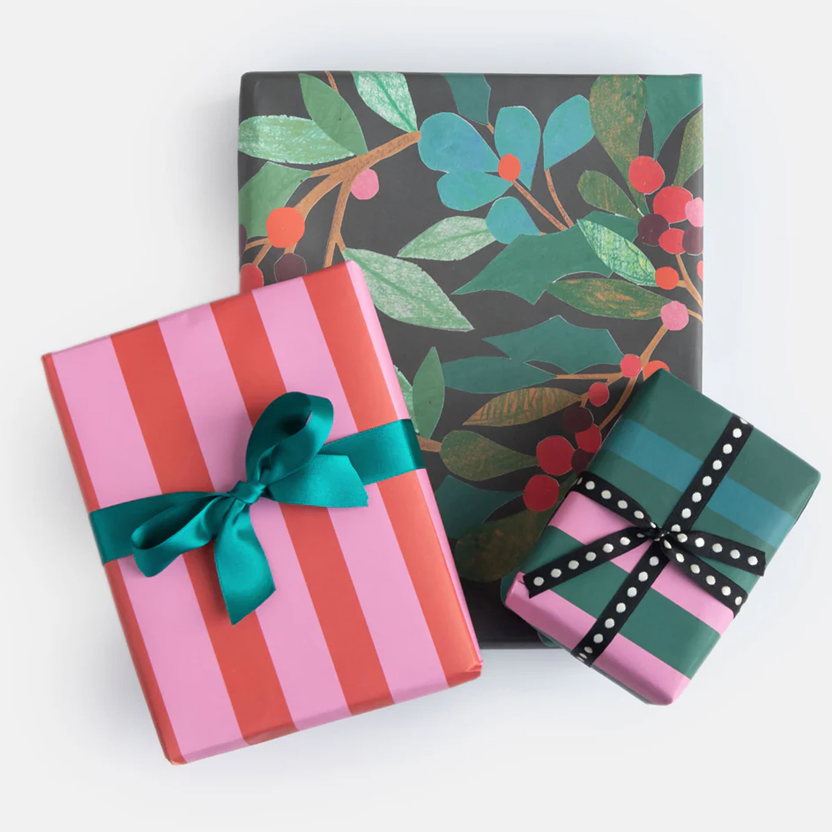 Christmas Wrapping Paper | Double Sided | Holly & Berries & Multi Stripe | Caroline Gardner