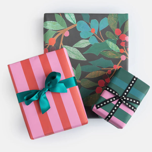 Christmas Wrapping Paper | Double Sided | Holly & Berries & Multi Stripe | Caroline Gardner