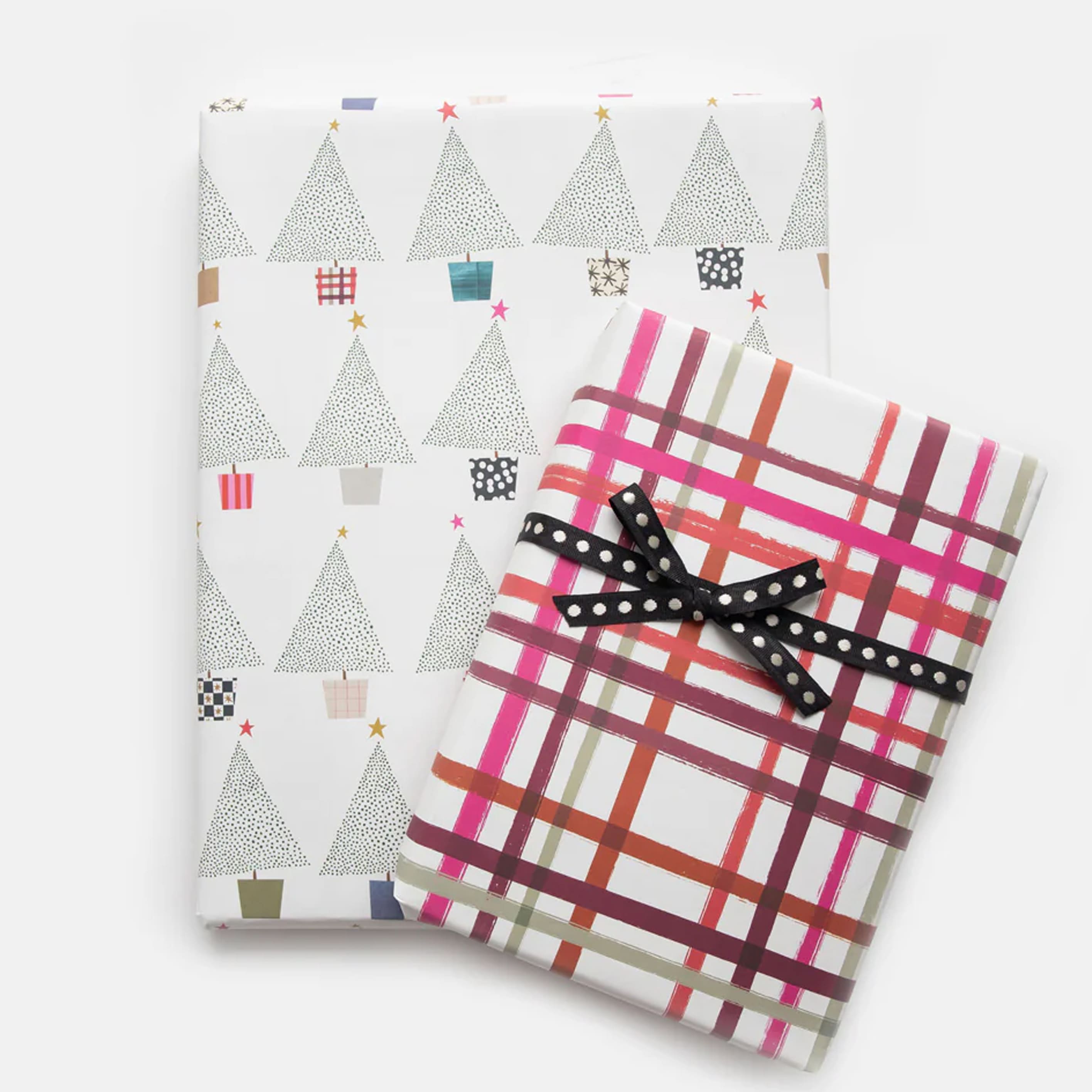Christmas Wrapping Paper | Double Sided | Dotty Trees & Sketched Checkered Pattern | Caroline Gardner