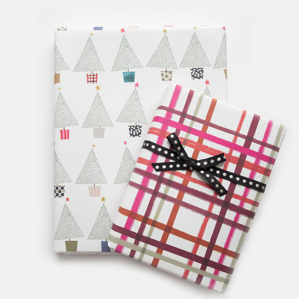 Christmas Wrapping Paper | Double Sided | Dotty Trees & Sketched Checkered Pattern | Caroline Gardner