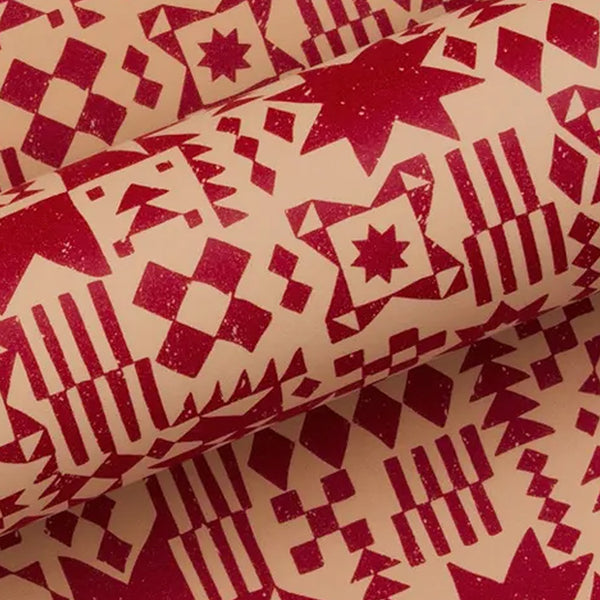 Christmas Wrapping Paper | Roll | Kraft Patchwork Spice Red | 76 cm x 2.5 m | Vandoros