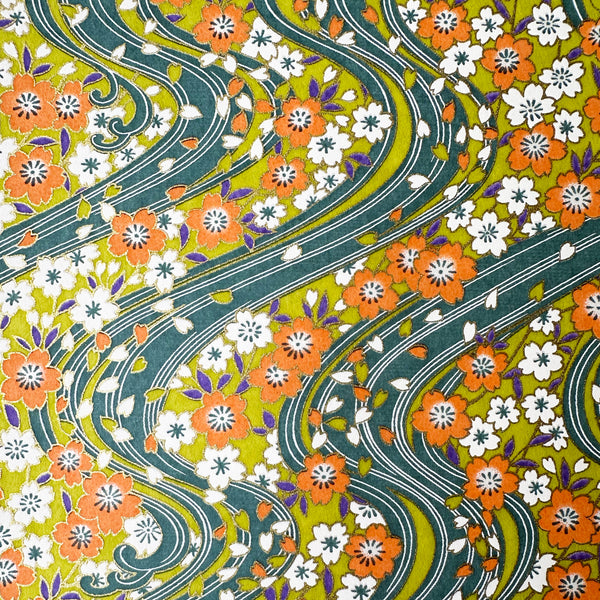 Japanese Paper | Chiyogami | Orange & White Flowers on Bright Green | Ch995