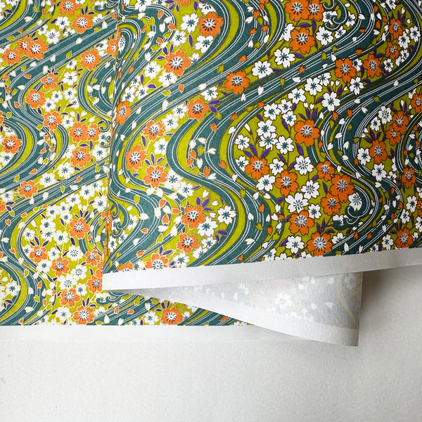 Japanese Paper | Chiyogami | Orange & White Flowers on Bright Green | Ch995