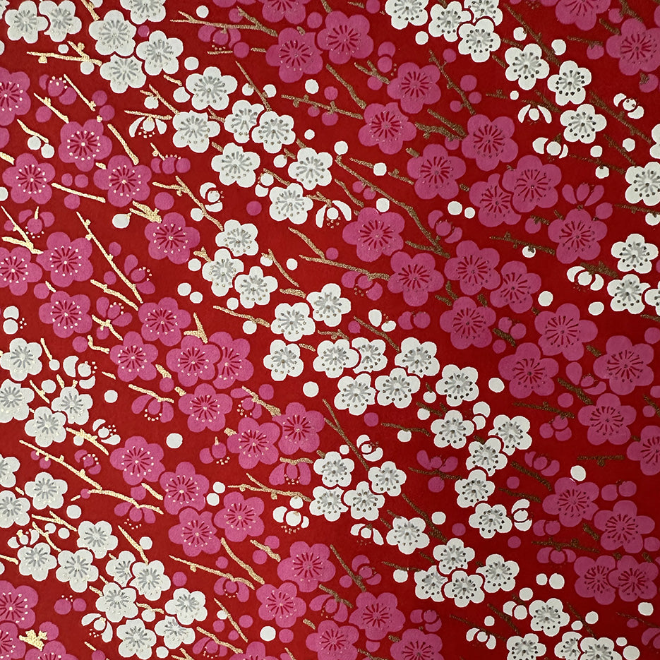 Japanese Paper | Chiyogami | Pink & White Blossoms on Red | Ch149