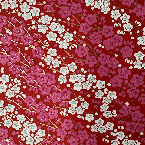 Japanese Paper | Chiyogami | Pink & White Blossoms on Red | Ch149