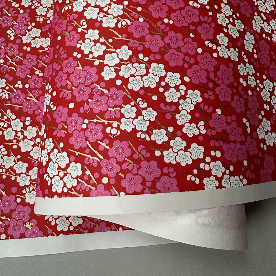 Japanese Paper | Chiyogami | Pink & White Blossoms on Red | Ch149
