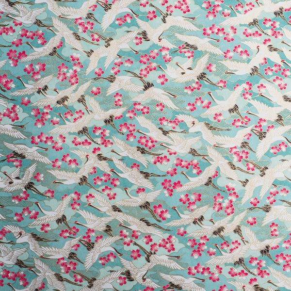 Japanese Paper | Chiyogami | Cranes on Blue With Pink Ume | Ch188