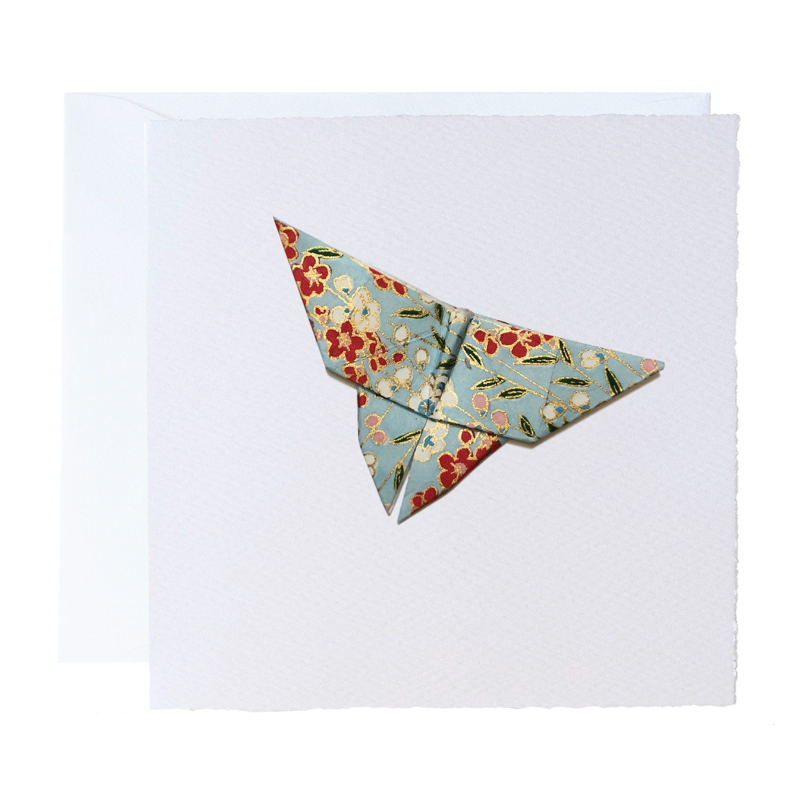 All Occasion Greeting Card | Handmade Origami | Butterfly | Flowers | Red White and Pale Blue | Kami Paper
