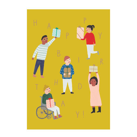 A colorful birthday card with multiple characters holding gifts and the words 'HAPPY BIRTHDAY' on a yellow background.