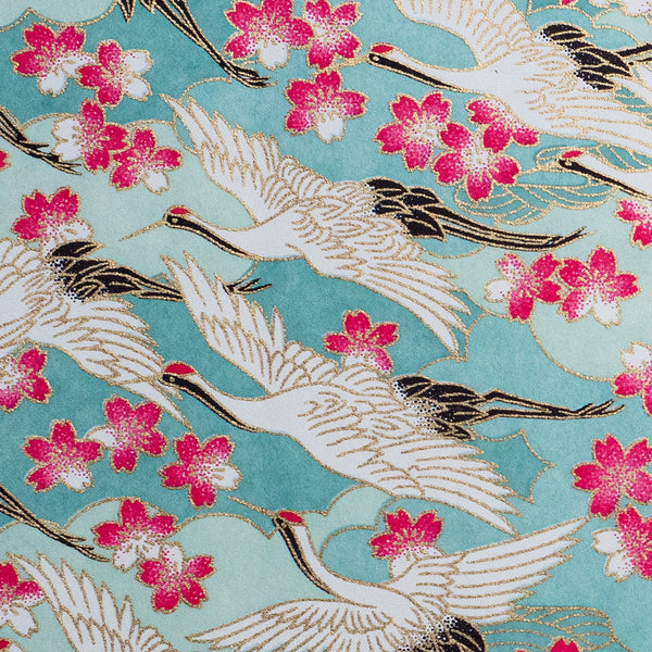 Japanese Paper | Chiyogami | Cranes on Blue With Pink Ume | Ch188 - Kami Paper