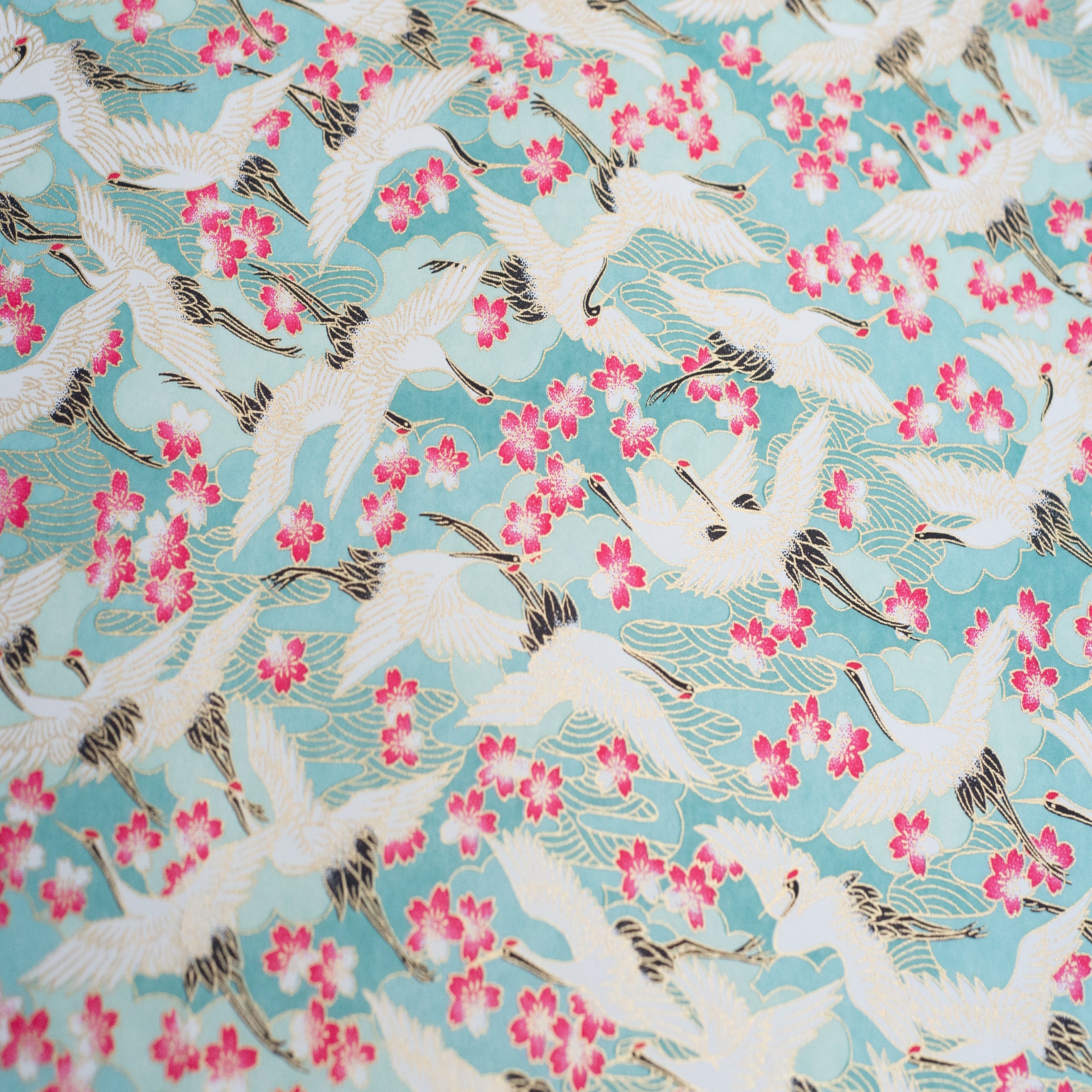 Japanese Paper | Chiyogami | Cranes on Blue With Pink Ume | Ch188 - Kami Paper