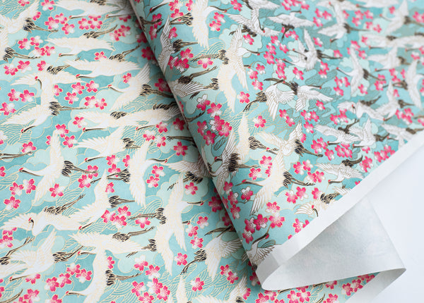Japanese Paper | Chiyogami | Cranes on Blue With Pink Ume | Ch188 - Kami Paper