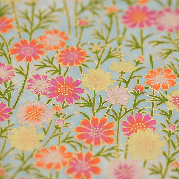 Japanese Paper | Chiyogami | Pink and Orange Daisies on Blue | Ch090 - Kami Paper