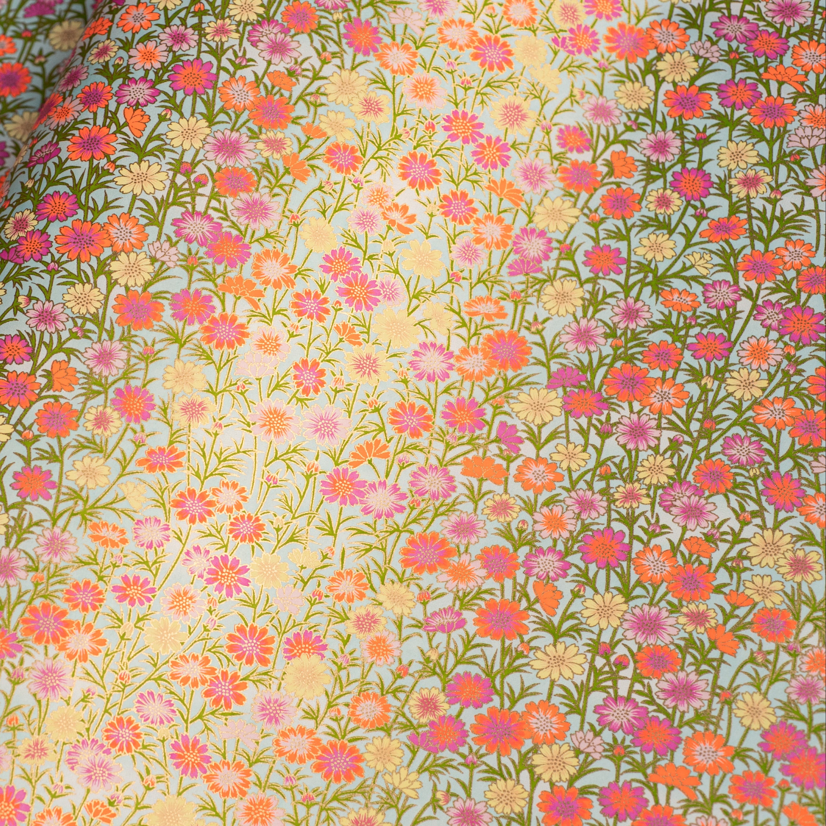 Japanese Paper | Chiyogami | Pink and Orange Daisies on Blue | Ch090 - Kami Paper