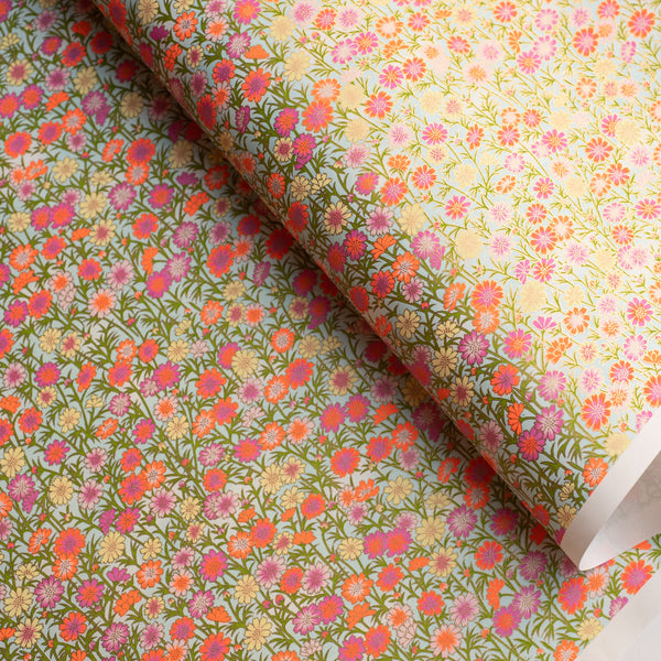 Japanese Paper | Chiyogami | Pink and Orange Daisies on Blue | Ch090 - Kami Paper