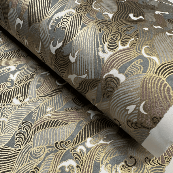 Japanese Paper | Chiyogami | Waves | Gold Grey | Ch121
